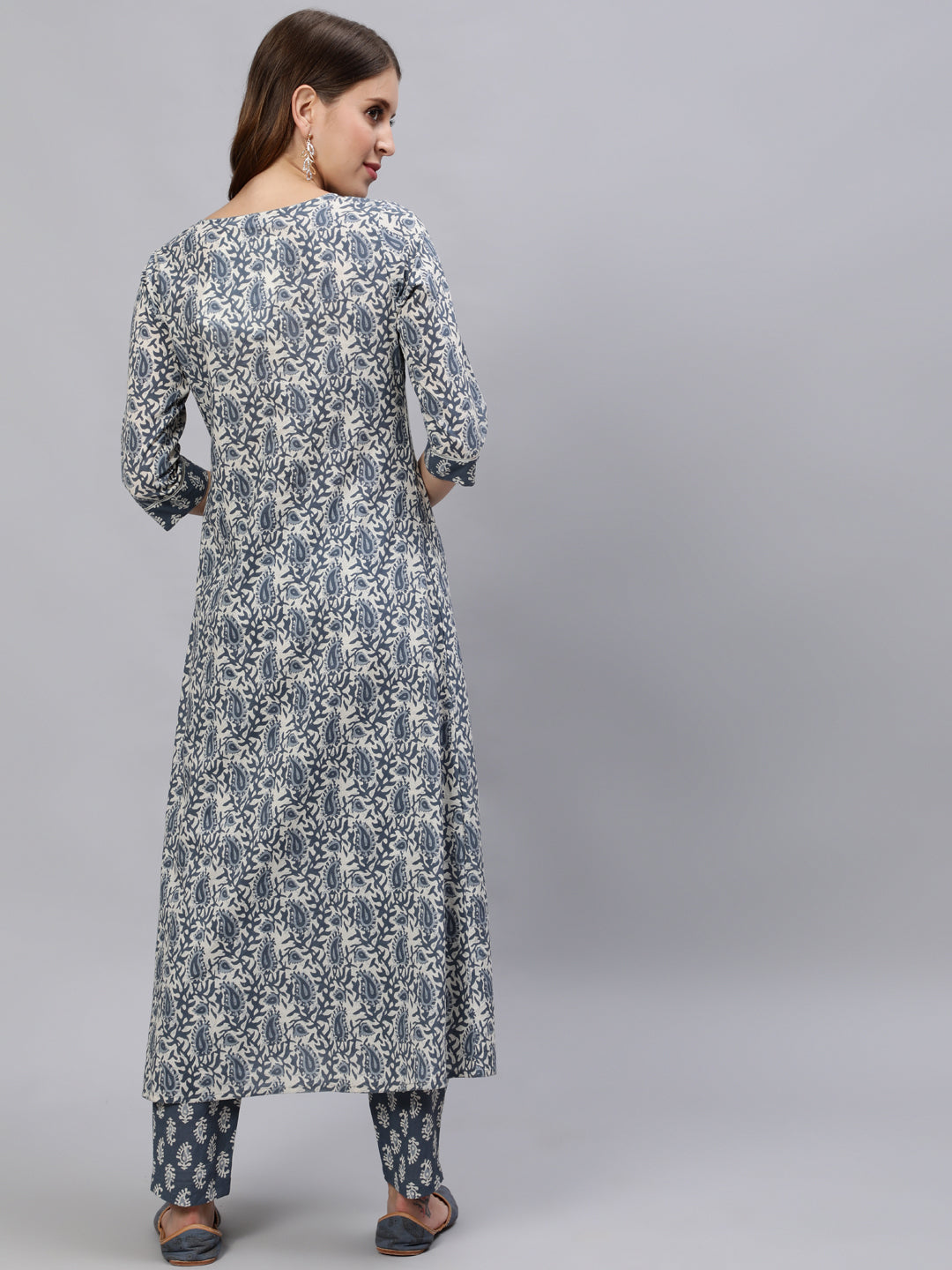 Blue & Grey Printed Flared Kurta With Pant