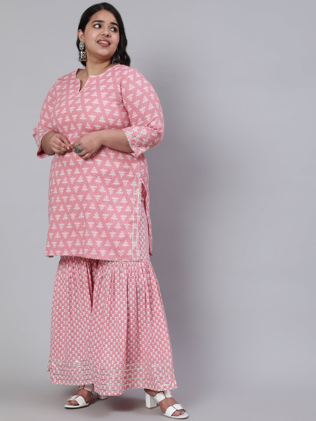 Pink Plus Size Woven Straight Printed Embroidered Kurta Set With Solid Dupatta