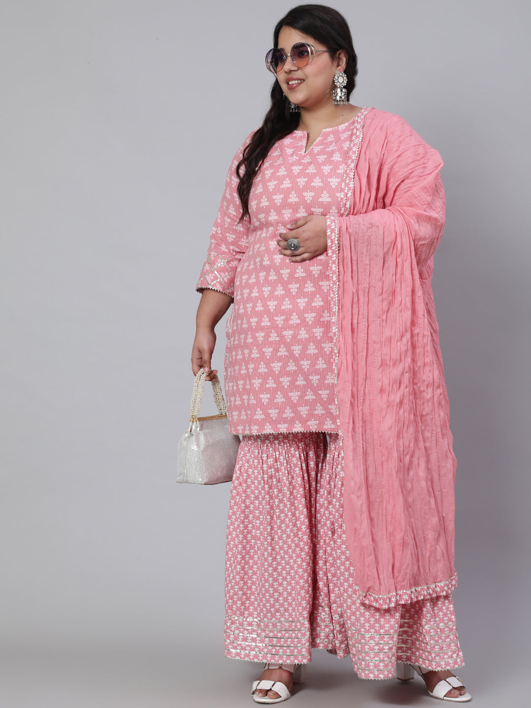 Pink Plus Size Woven Straight Printed Embroidered Kurta Set With Solid Dupatta