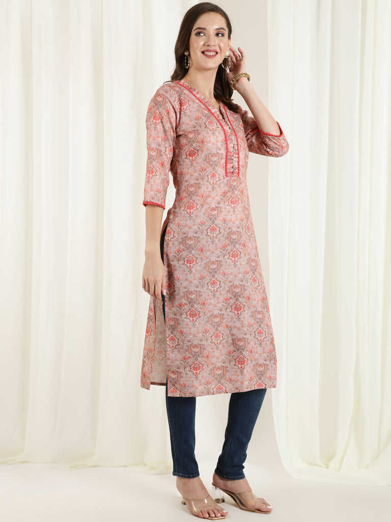 Ethnic Printed Peach Straight Kurta With Lace