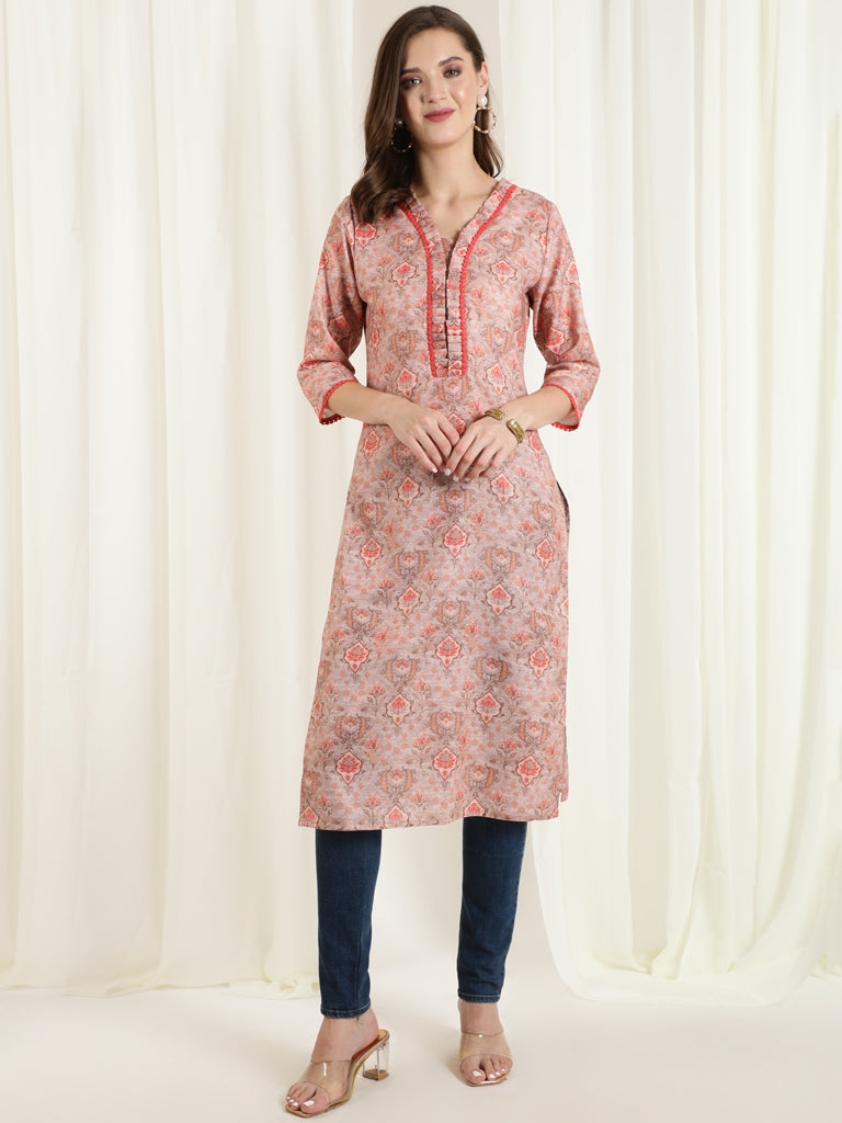 Ethnic Printed Peach Straight Kurta With Lace