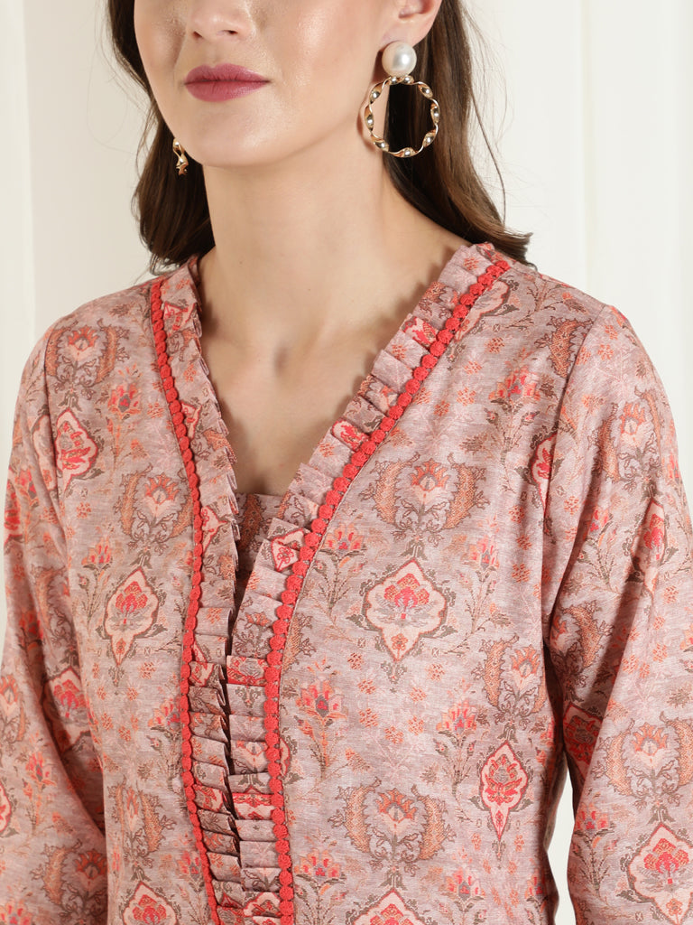 Ethnic Printed Peach Straight Kurta With Lace