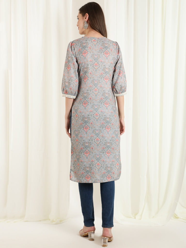 Grey Mirror Work Printed Straight Kurta