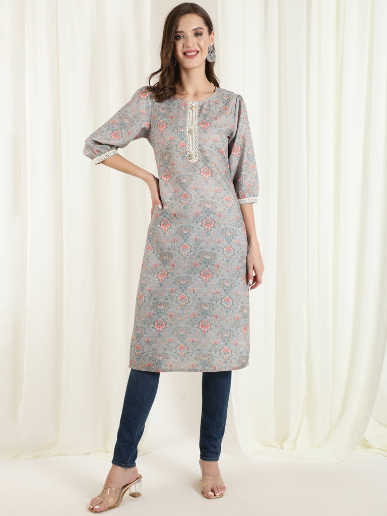 Grey Mirror Work Printed Straight Kurta