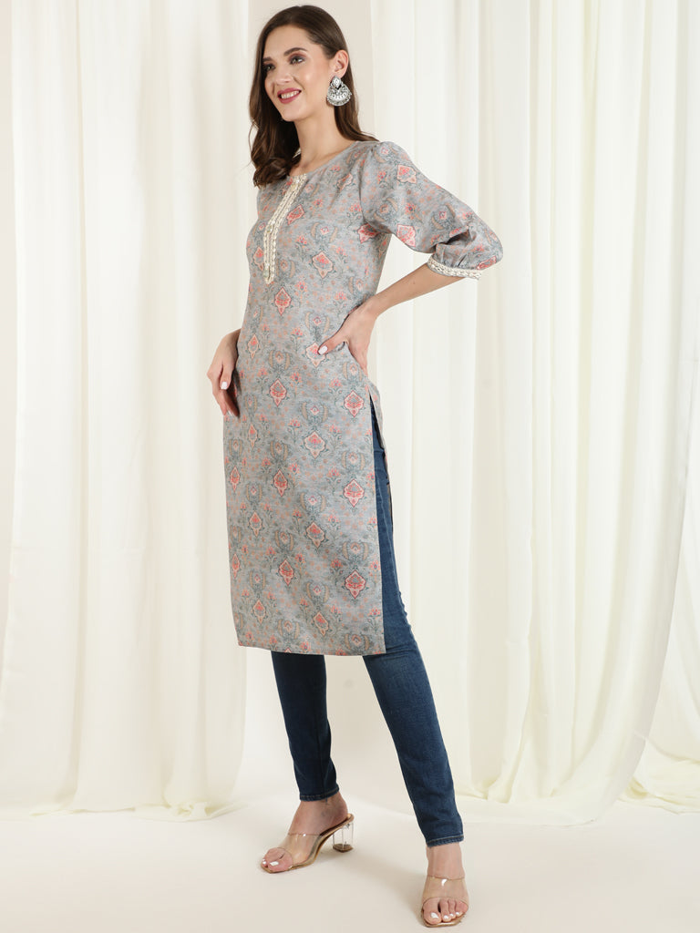 Grey Mirror Work Printed Straight Kurta