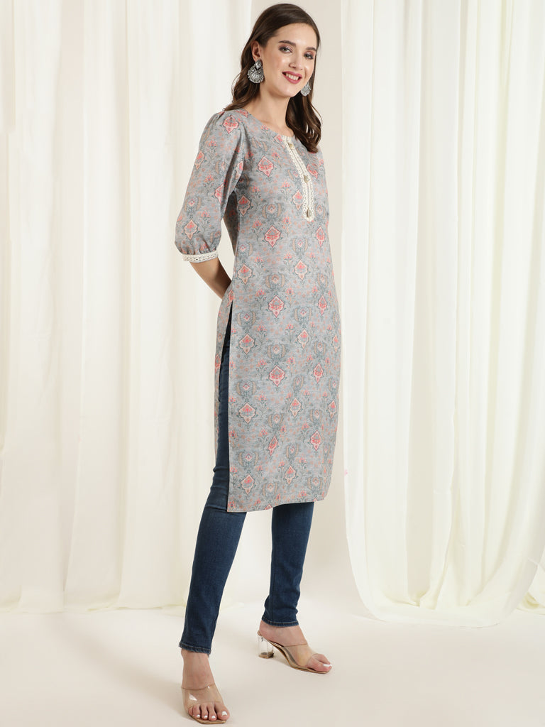 Grey Mirror Work Printed Straight Kurta