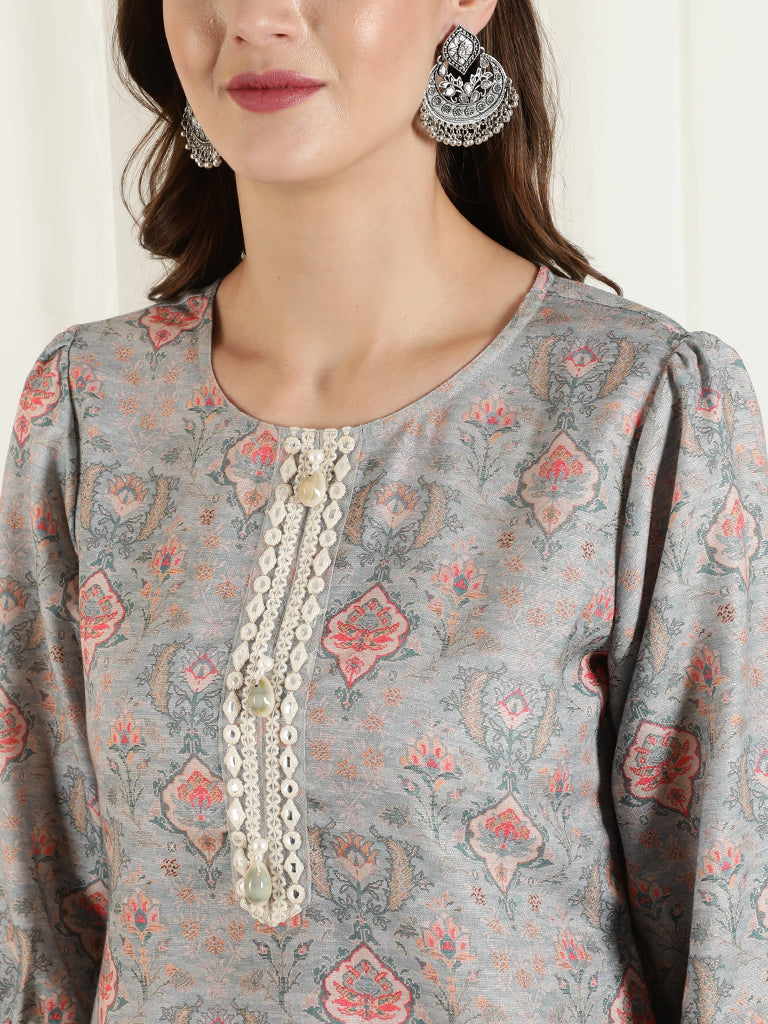 Grey Mirror Work Printed Straight Kurta