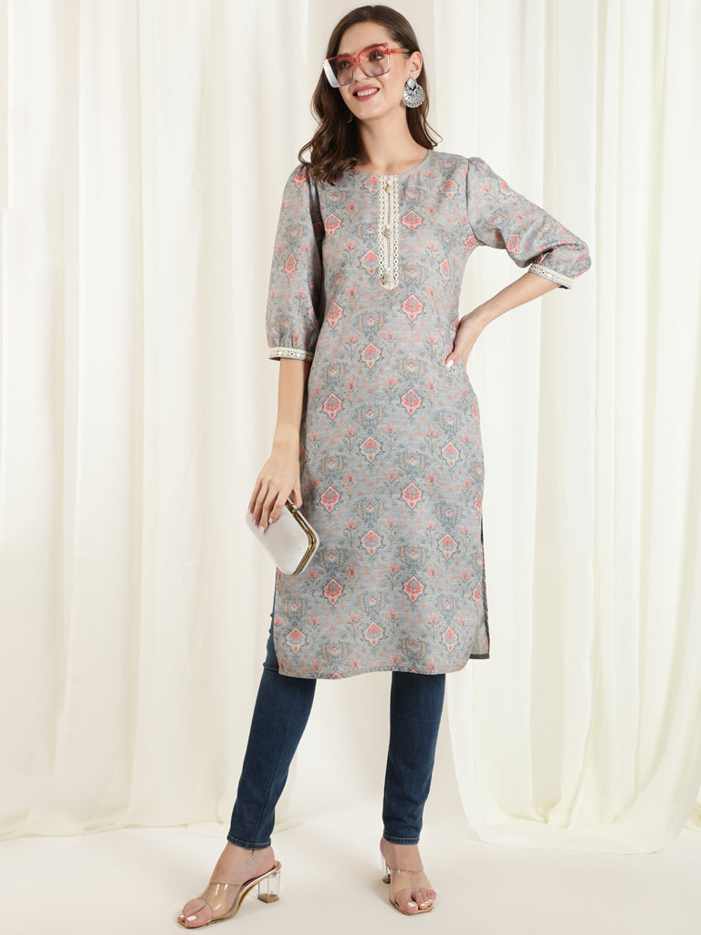 Grey Mirror Work Printed Straight Kurta