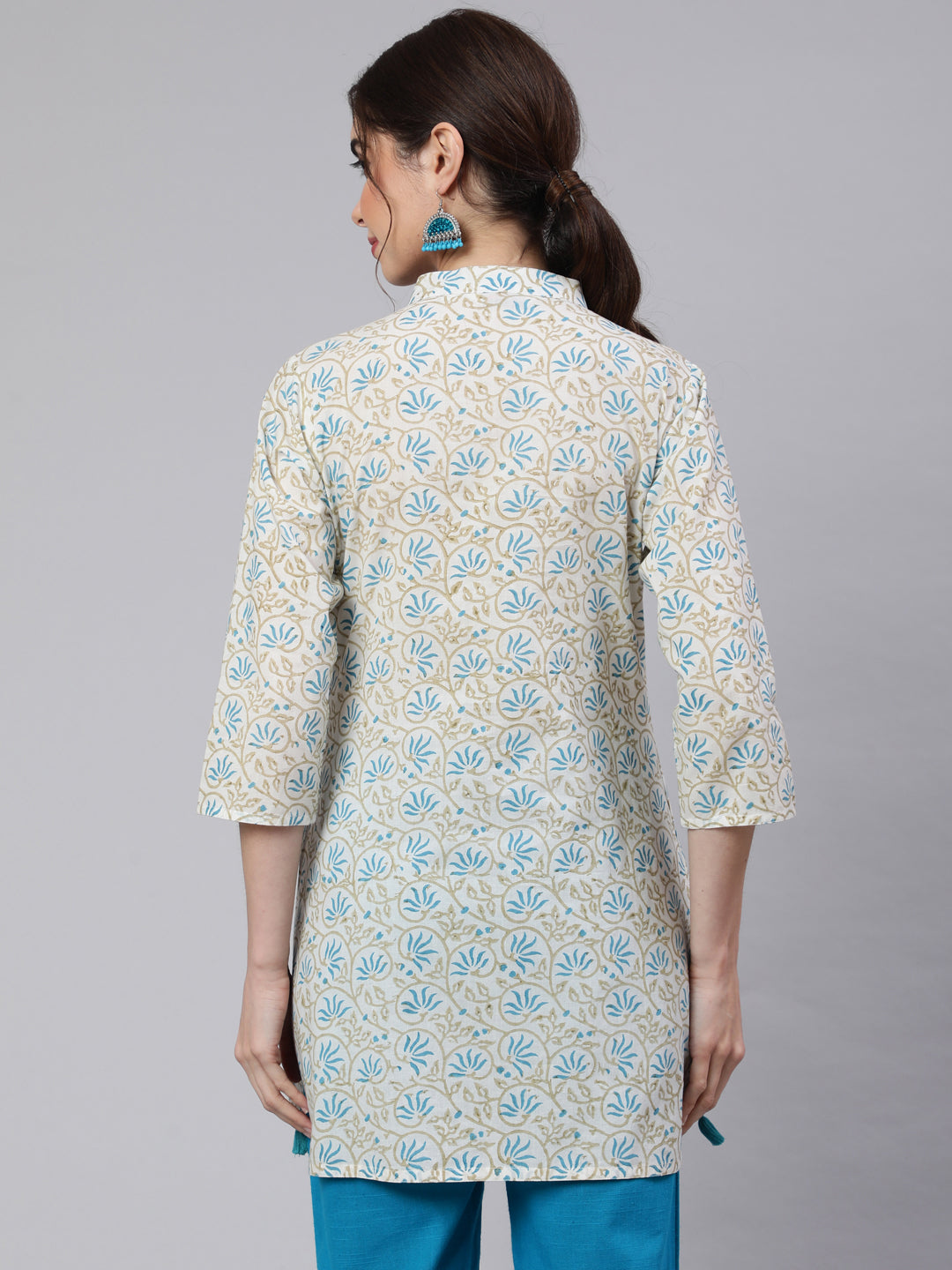 White Printed Cotton Straight Short Kurta With Turquoise Pants