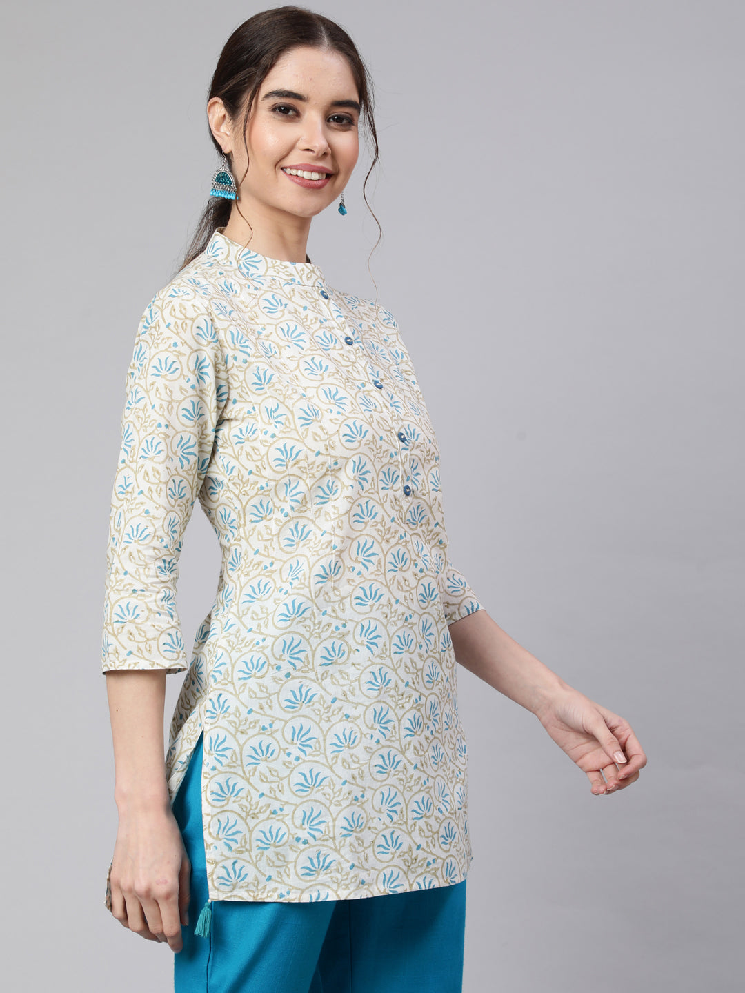 White Printed Cotton Straight Short Kurta With Turquoise Pants