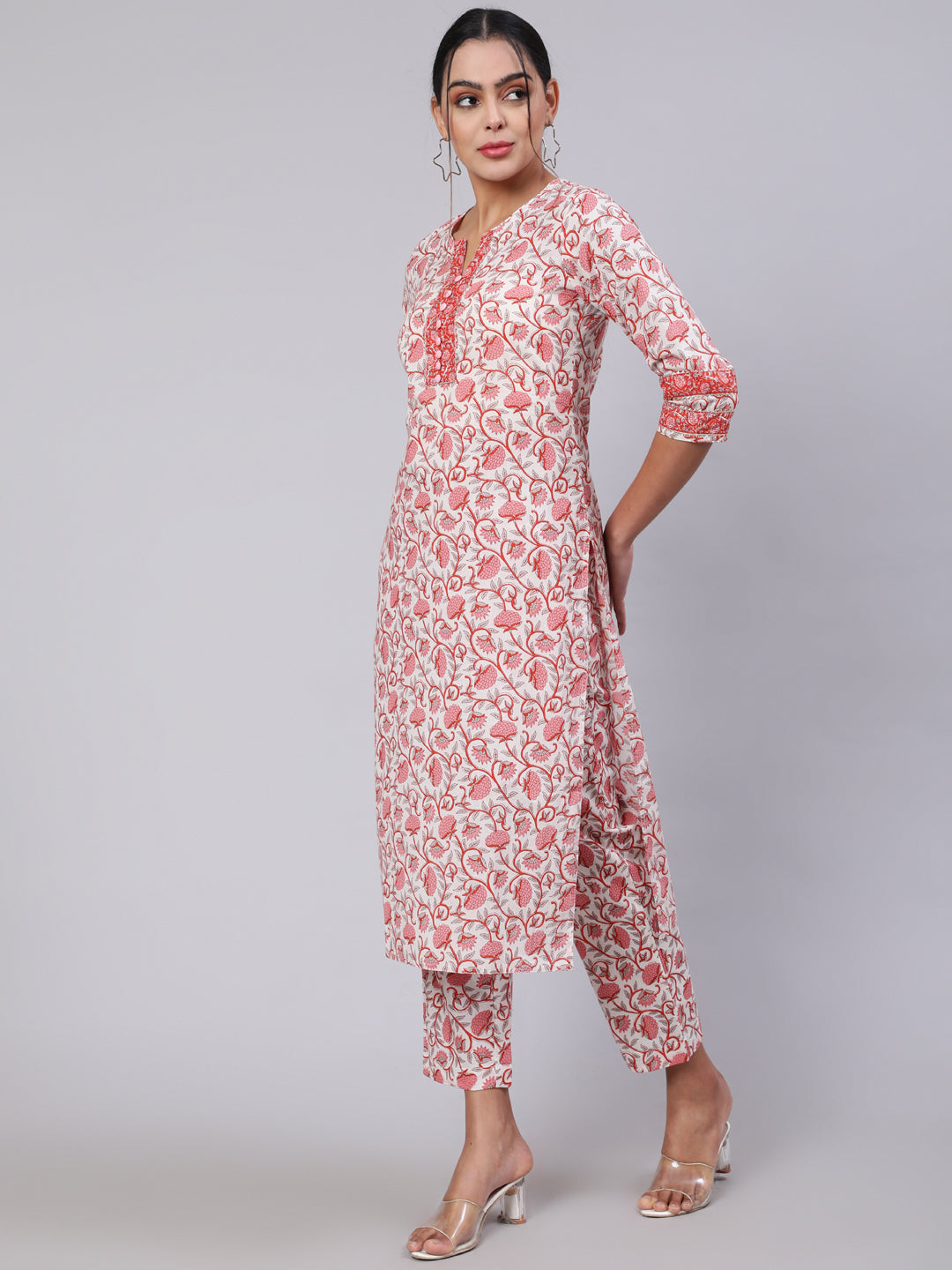 White & Pink Printed Straight Kurta Paired With Printed Palazzo