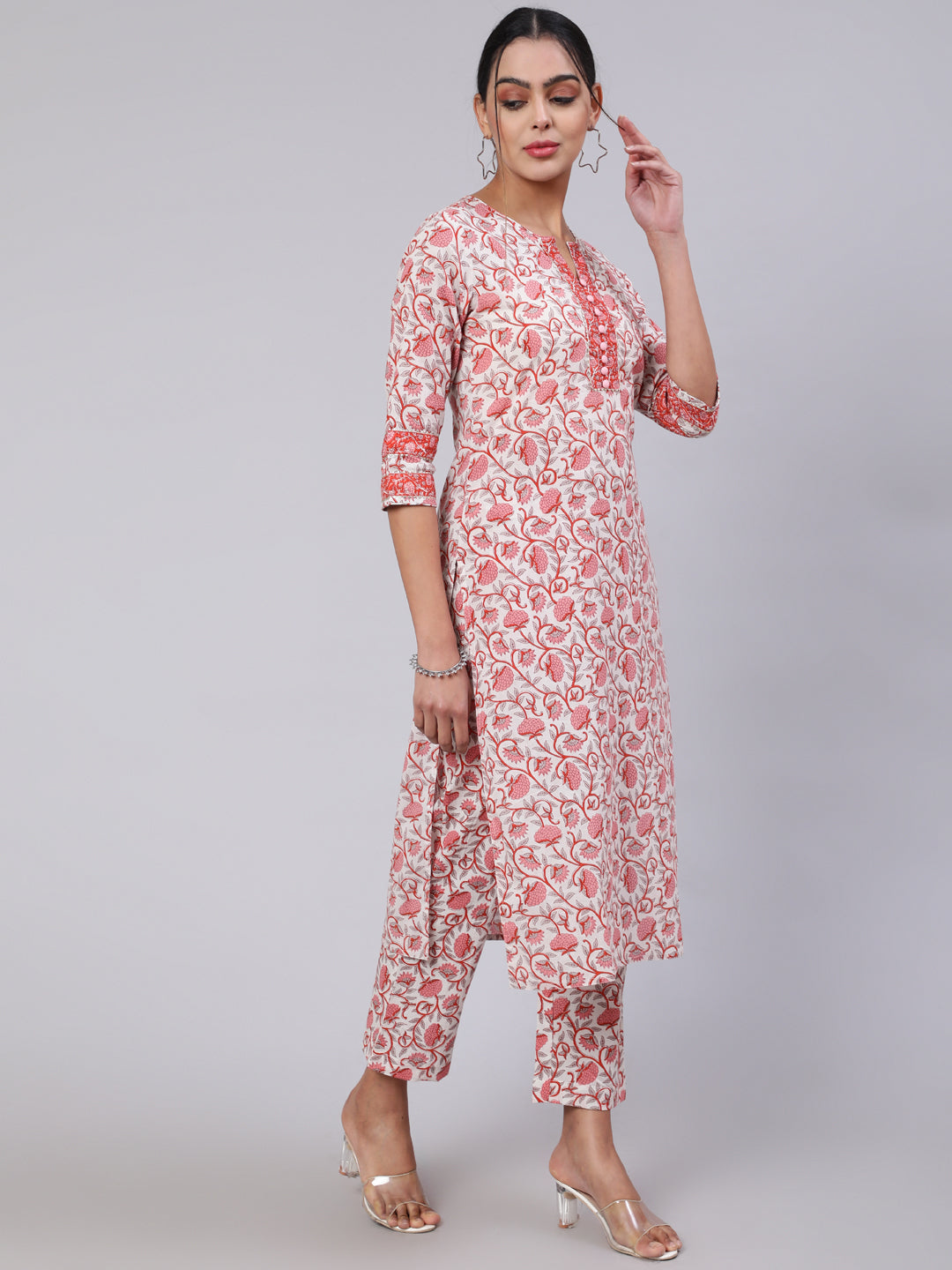 White & Pink Printed Straight Kurta Paired With Printed Palazzo