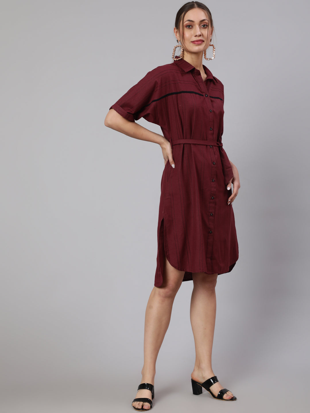Maroon Self Weaved Shirt Dress