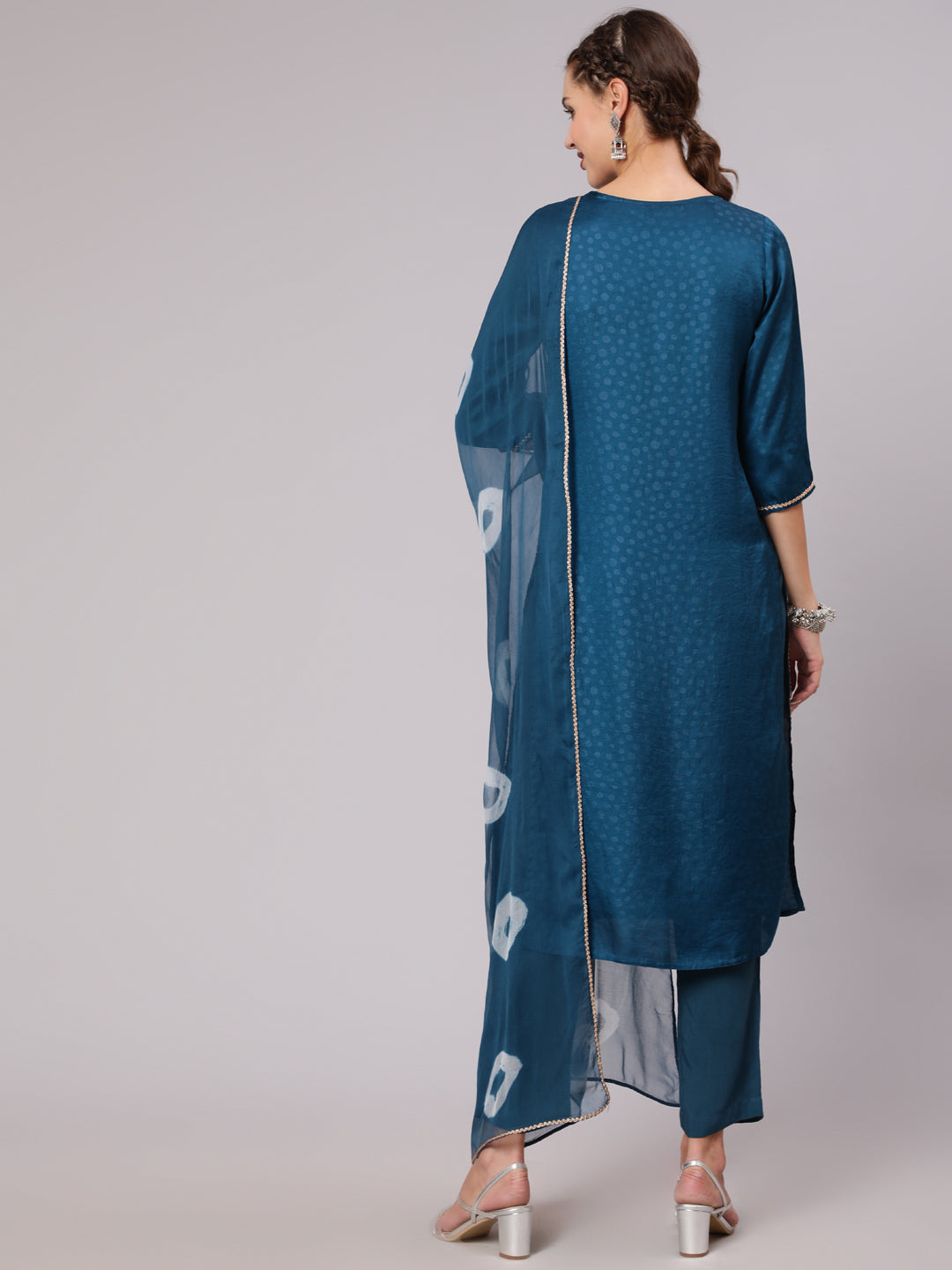 Teal Silk Jacquard Embroidered Straight Kurta With Pants And  Tie-Dye Chiffon Dupatta