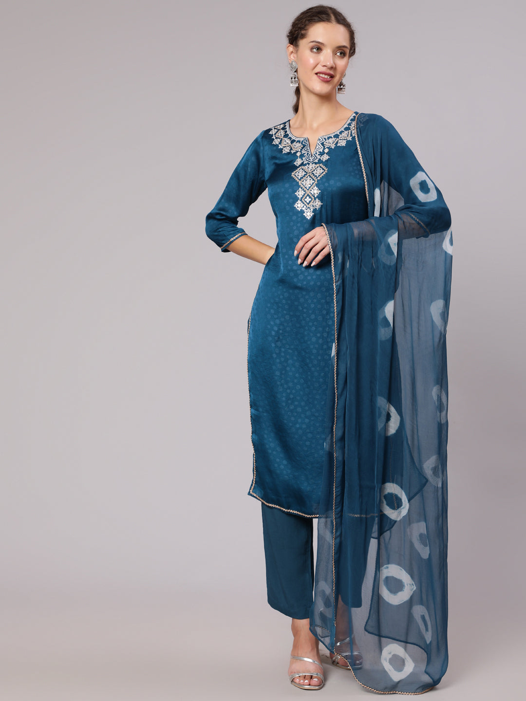 Teal Silk Jacquard Embroidered Straight Kurta With Pants And  Tie-Dye Chiffon Dupatta