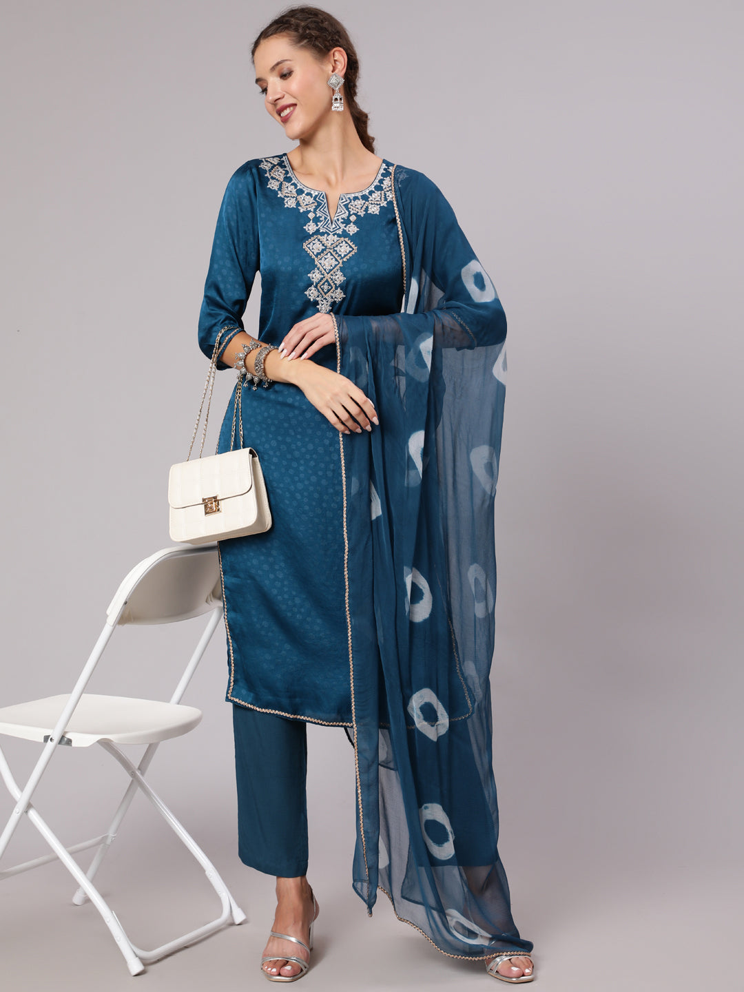 Teal Silk Jacquard Embroidered Straight Kurta With Pants And  Tie-Dye Chiffon Dupatta