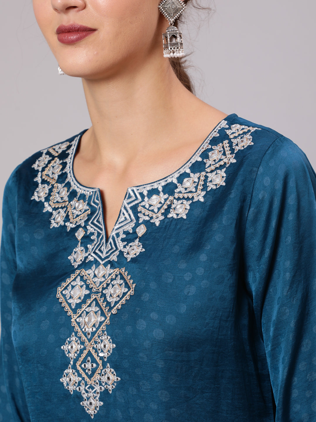 Teal Silk Jacquard Embroidered Straight Kurta With Pants And  Tie-Dye Chiffon Dupatta