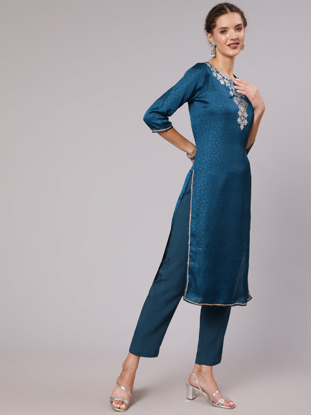 Teal Silk Jacquard Embroidered Straight Kurta With Pants And  Tie-Dye Chiffon Dupatta