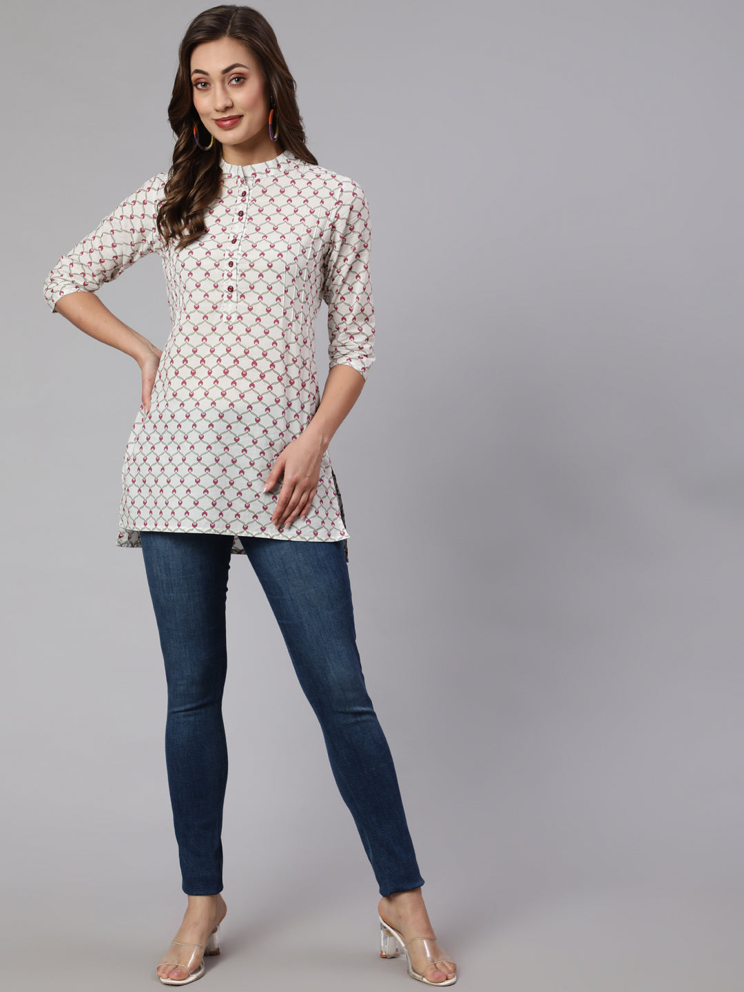 White Geometric Printed Cotton Short Kurta