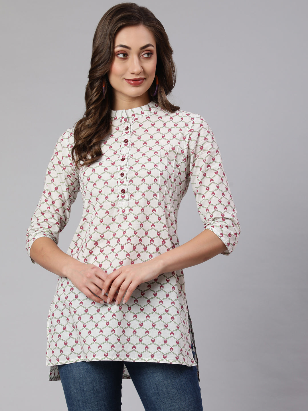 White Geometric Printed Cotton Short Kurta