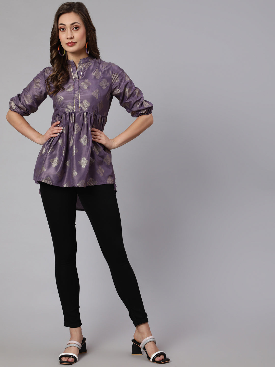 Purple Woven Silk Blend Gold Printed Peplum Hip-Low Top