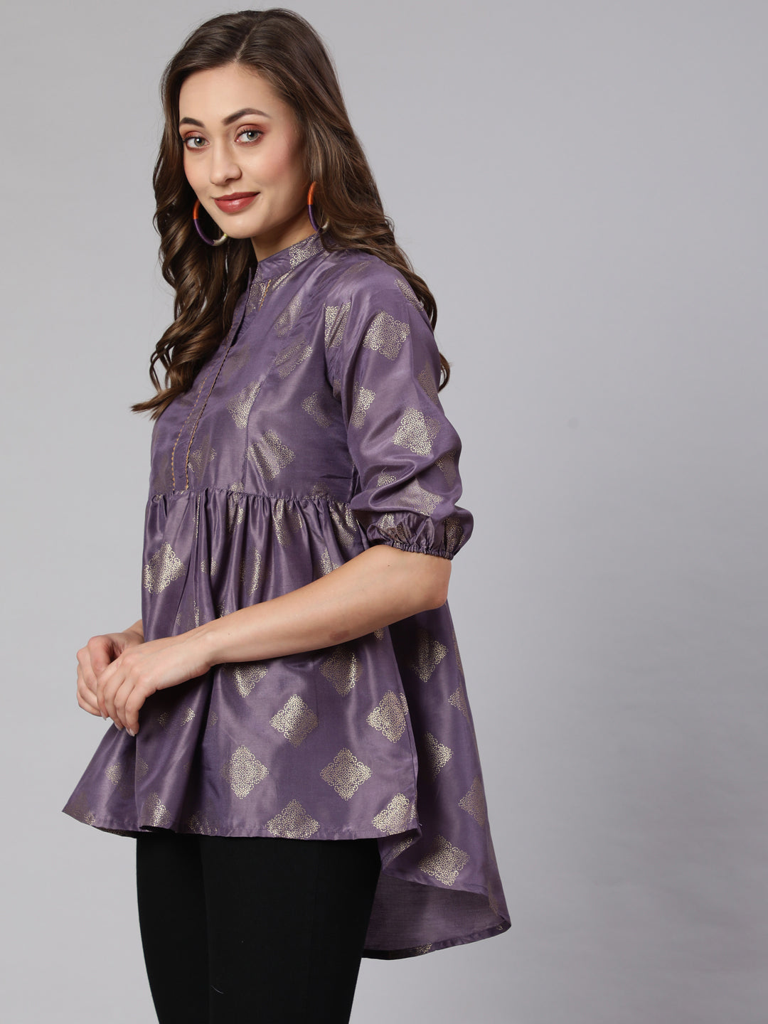 Purple Woven Silk Blend Gold Printed Peplum Hip-Low Top