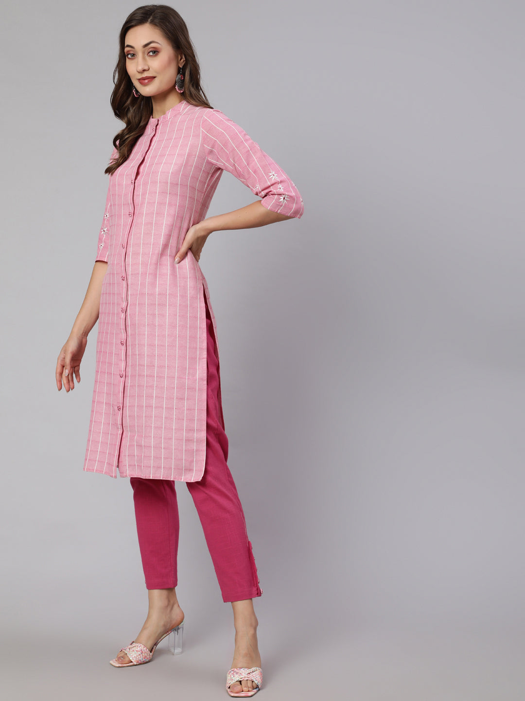 Pink Self Weaved Checkered Straight Embroidered Kurta With Pants