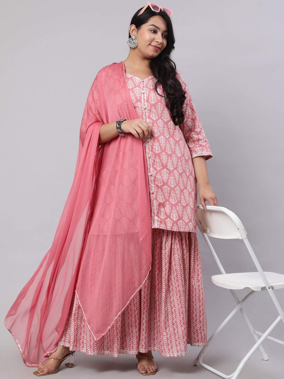 Buy Plus Size Pink Ethnic Printed Kurti With Sharara And Chiffon ...