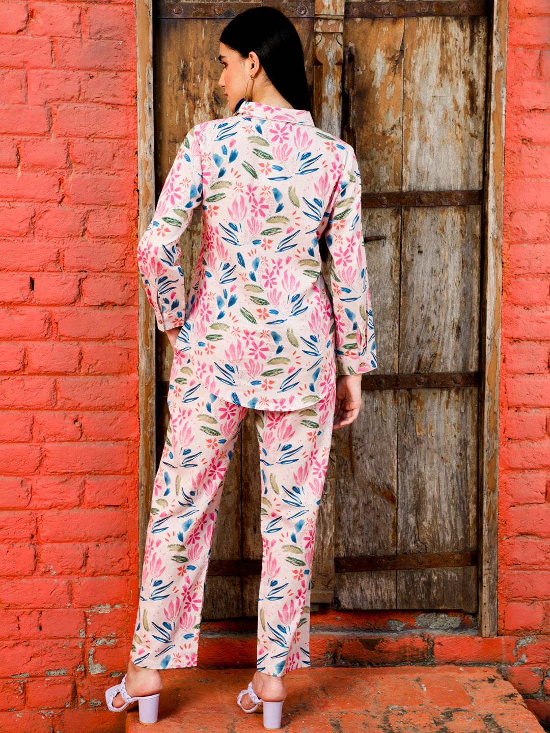 Pink Abstract Print Shirt With Pants Co-ord Set