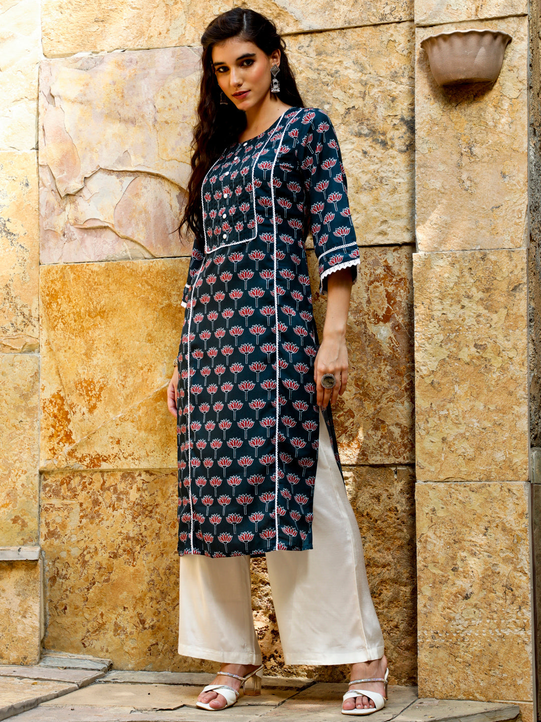 Lotus Print Navy Blue Straight Kurta