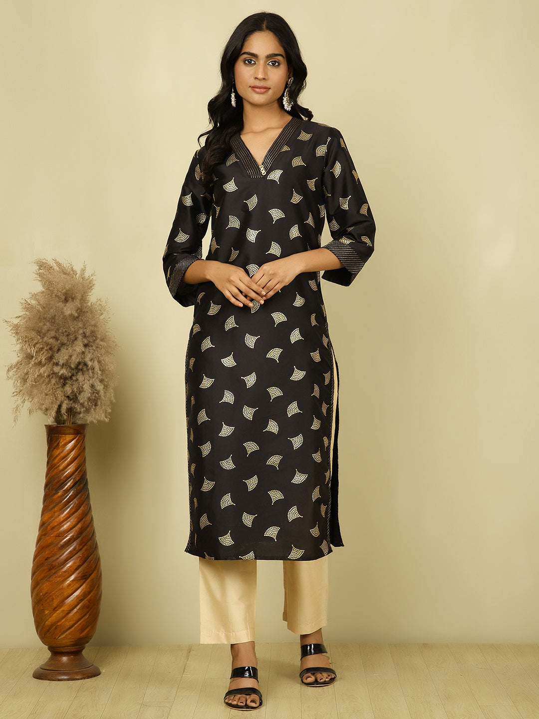 Black Ethnic Printed Straight Kurta