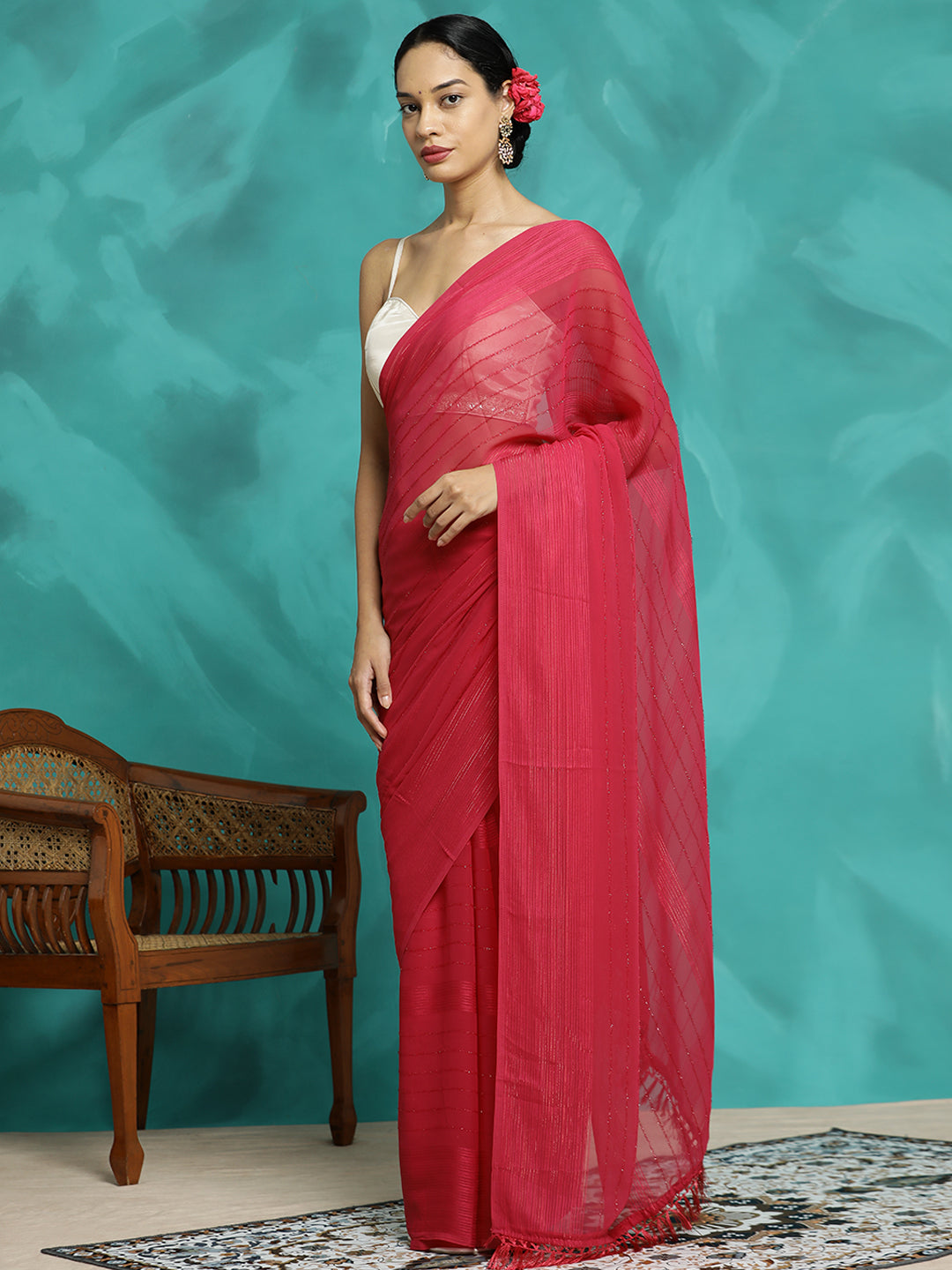 Pink Silk Blend Party Wear Saree