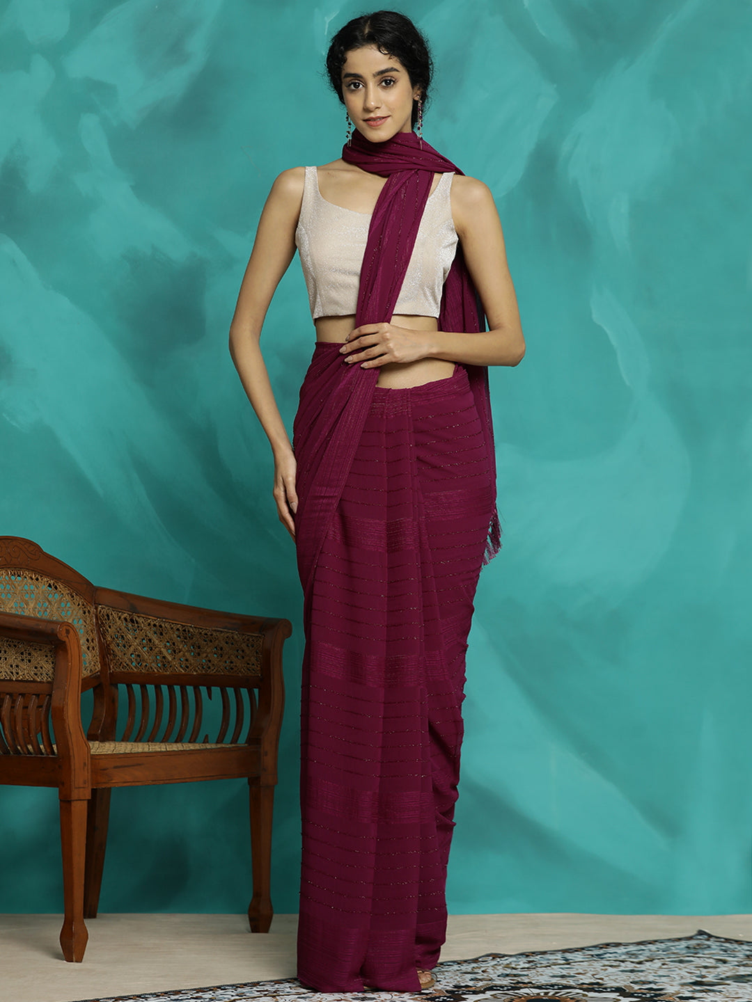 Burgundy Silk Blend Party Wear Saree