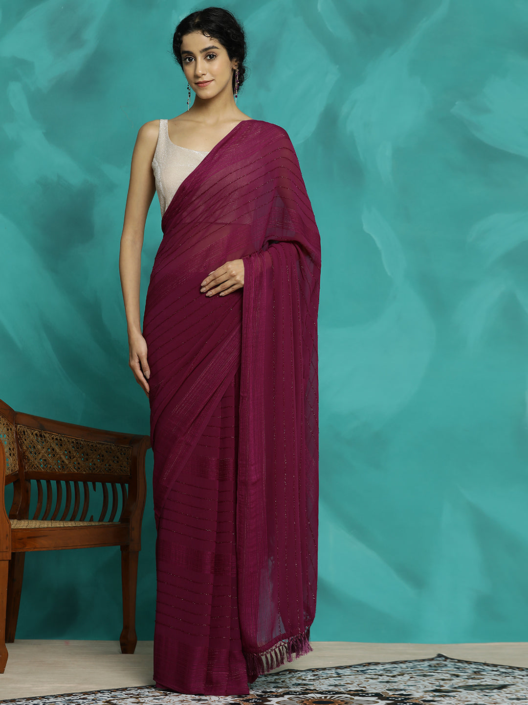 Burgundy Silk Blend Party Wear Saree