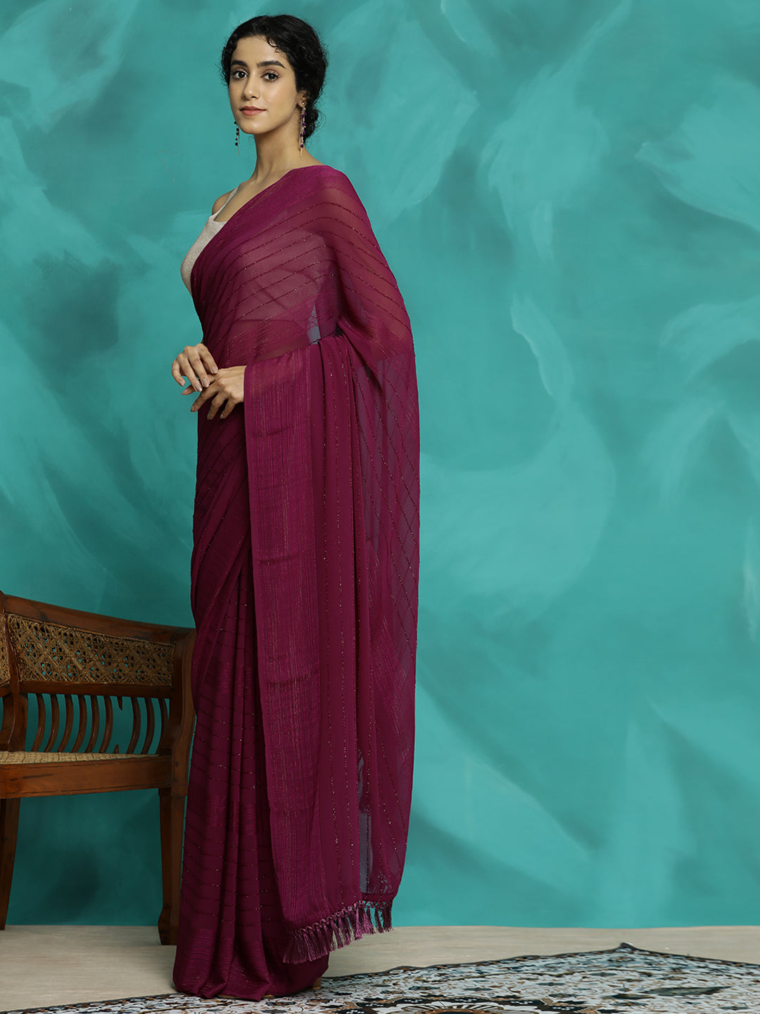 Burgundy Silk Blend Party Wear Saree