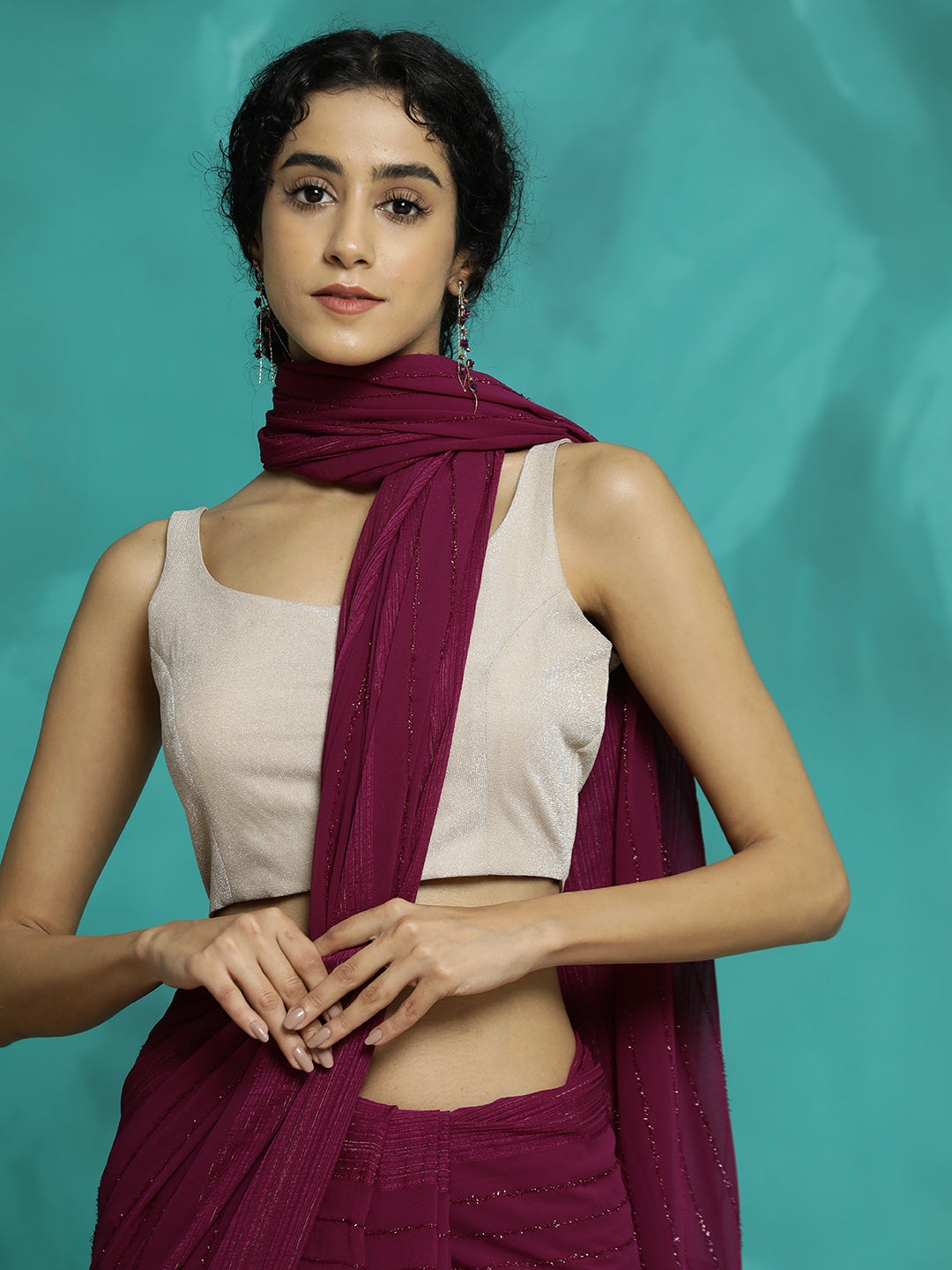 Burgundy Silk Blend Party Wear Saree