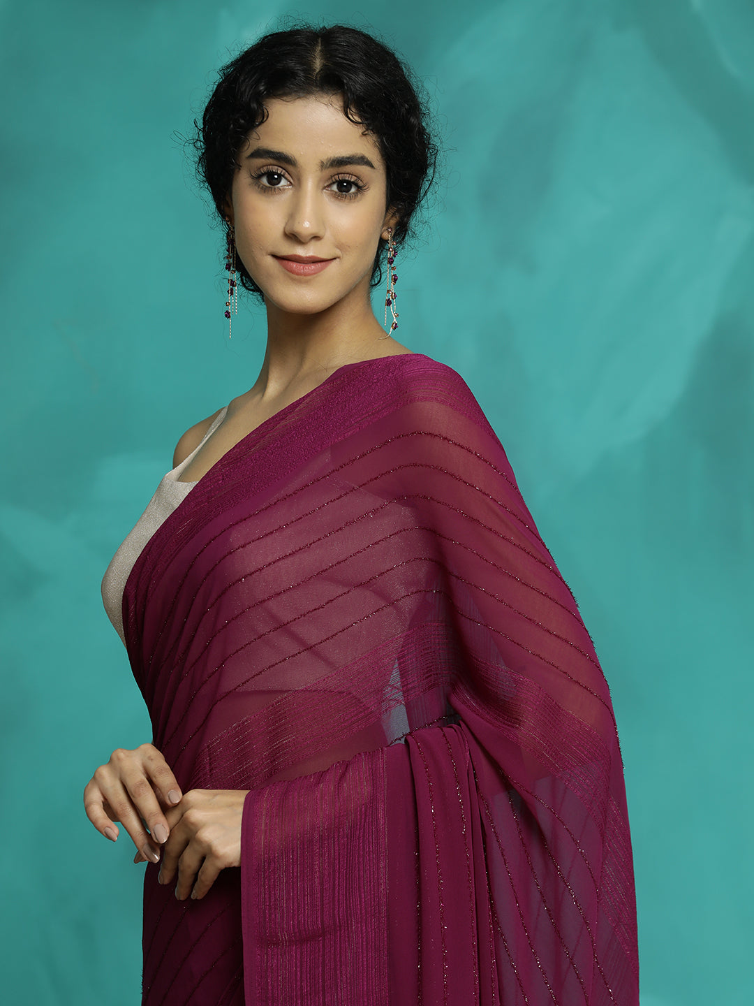 Burgundy Silk Blend Party Wear Saree