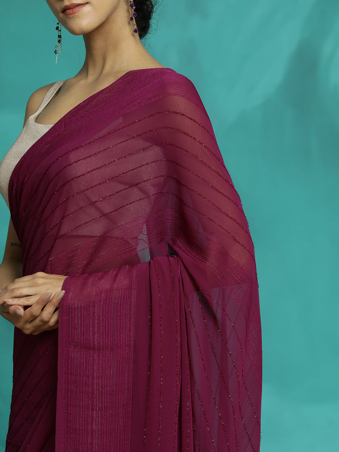 Burgundy Silk Blend Party Wear Saree