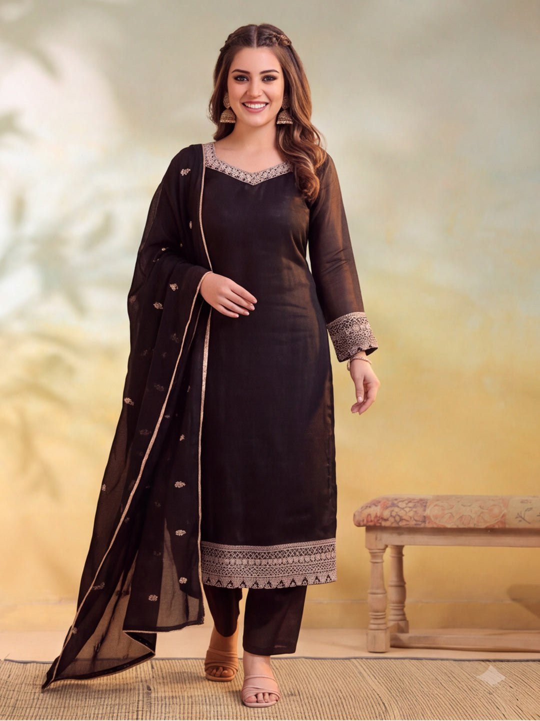 Women Embroidered Black Straight Kurta Set with Dupatta