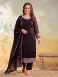 Women Embroidered Black Straight Kurta Set with Dupatta