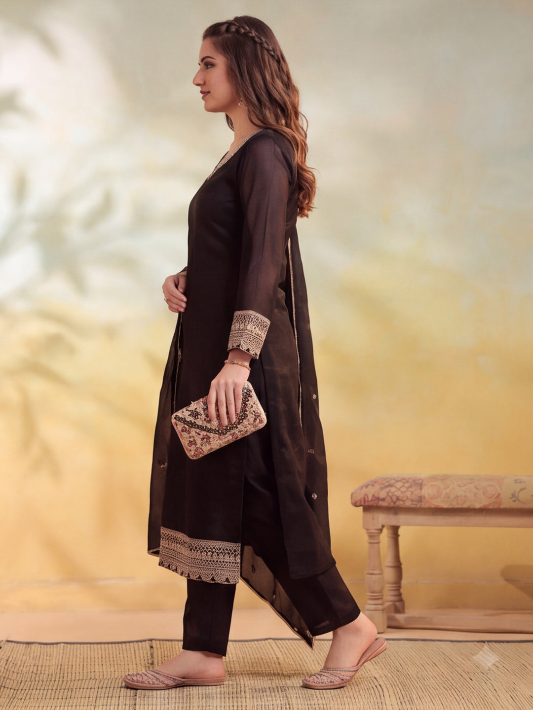 Women Embroidered Black Straight Kurta Set with Dupatta