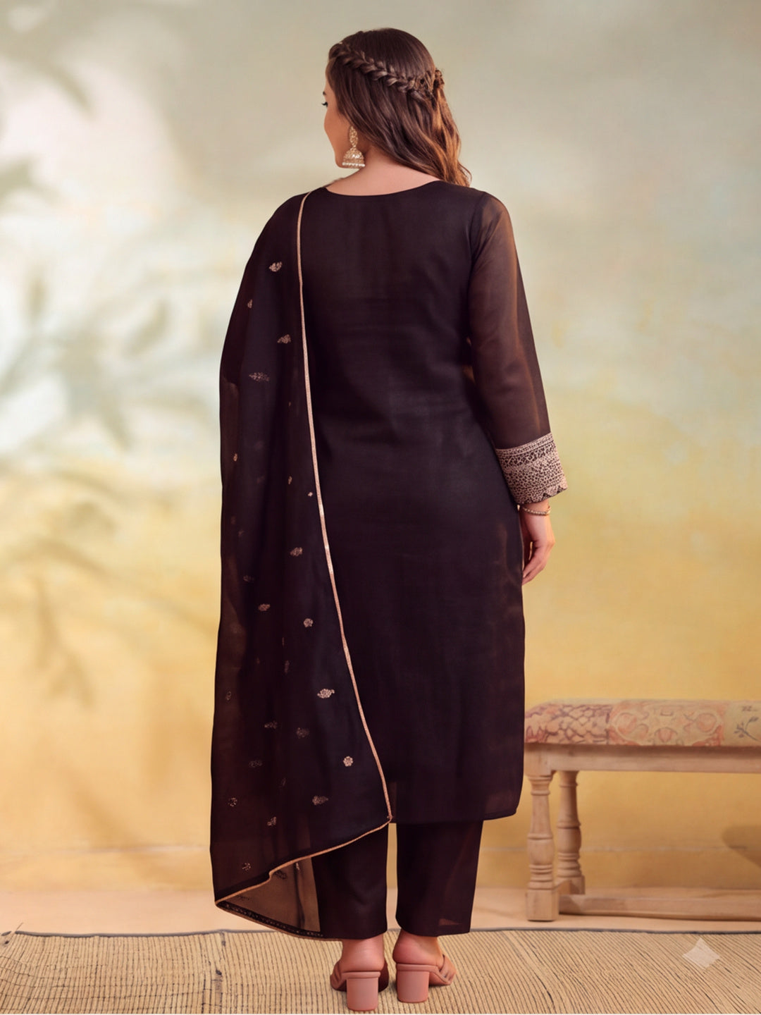 Women Embroidered Black Straight Kurta Set with Dupatta
