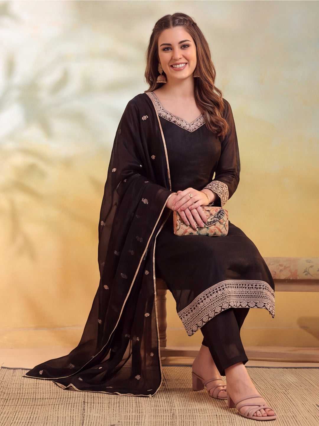 Women Embroidered Black Straight Kurta Set with Dupatta