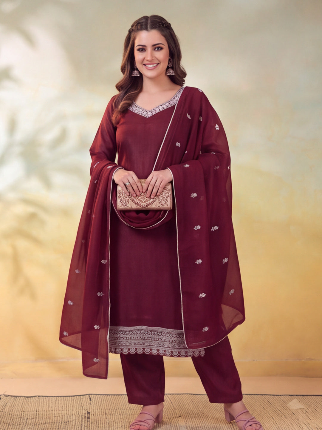 Women Embroidered Maroon Straight Kurta Set with Dupatta