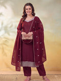 Women Embroidered Maroon Straight Kurta Set with Dupatta