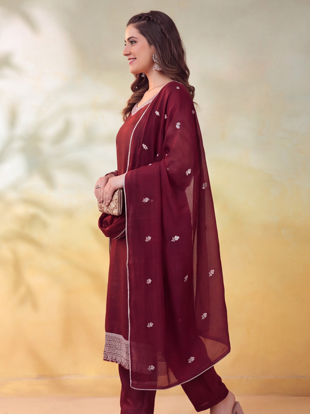 Women Embroidered Maroon Straight Kurta Set with Dupatta