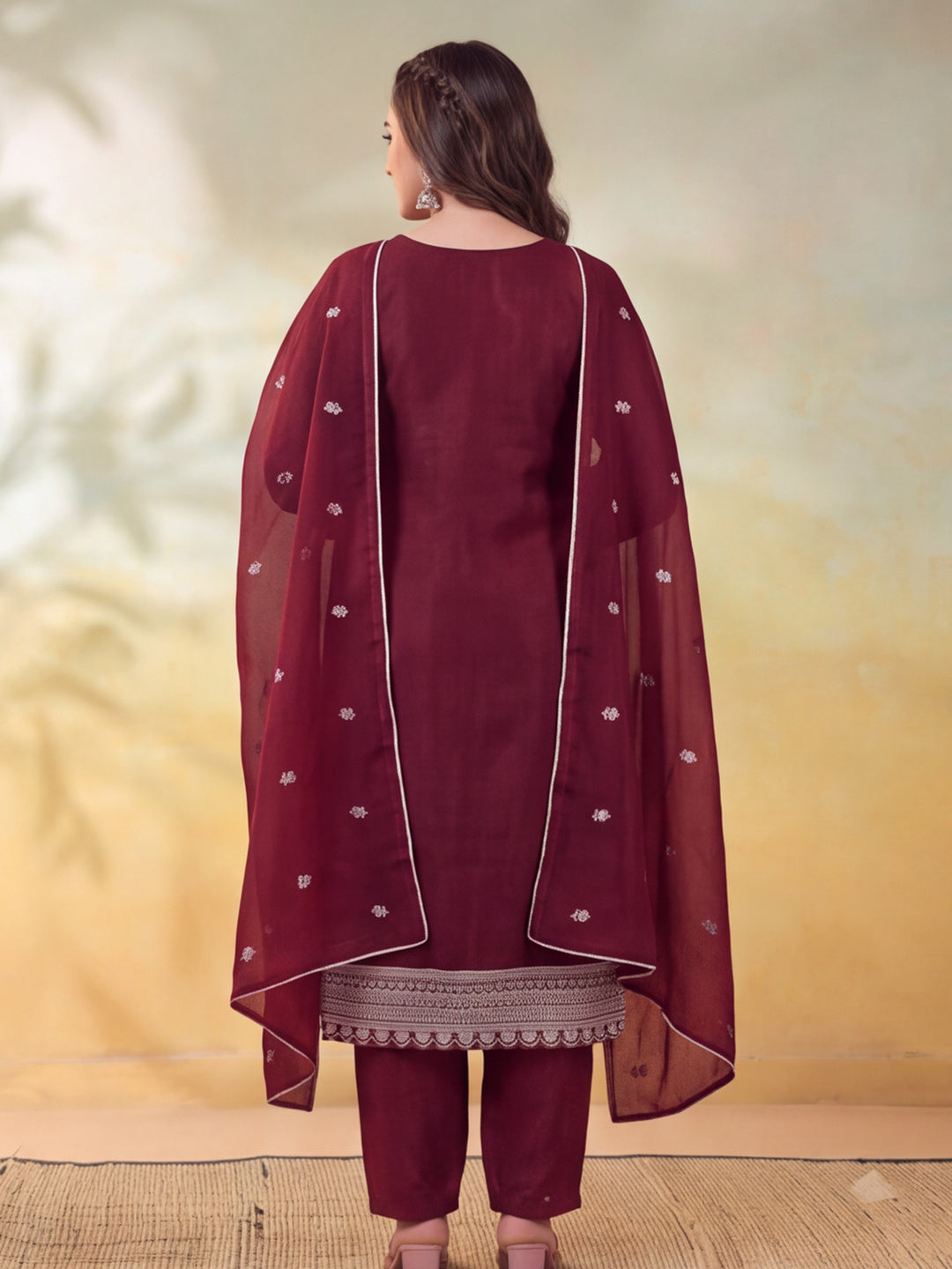 Women Embroidered Maroon Straight Kurta Set with Dupatta