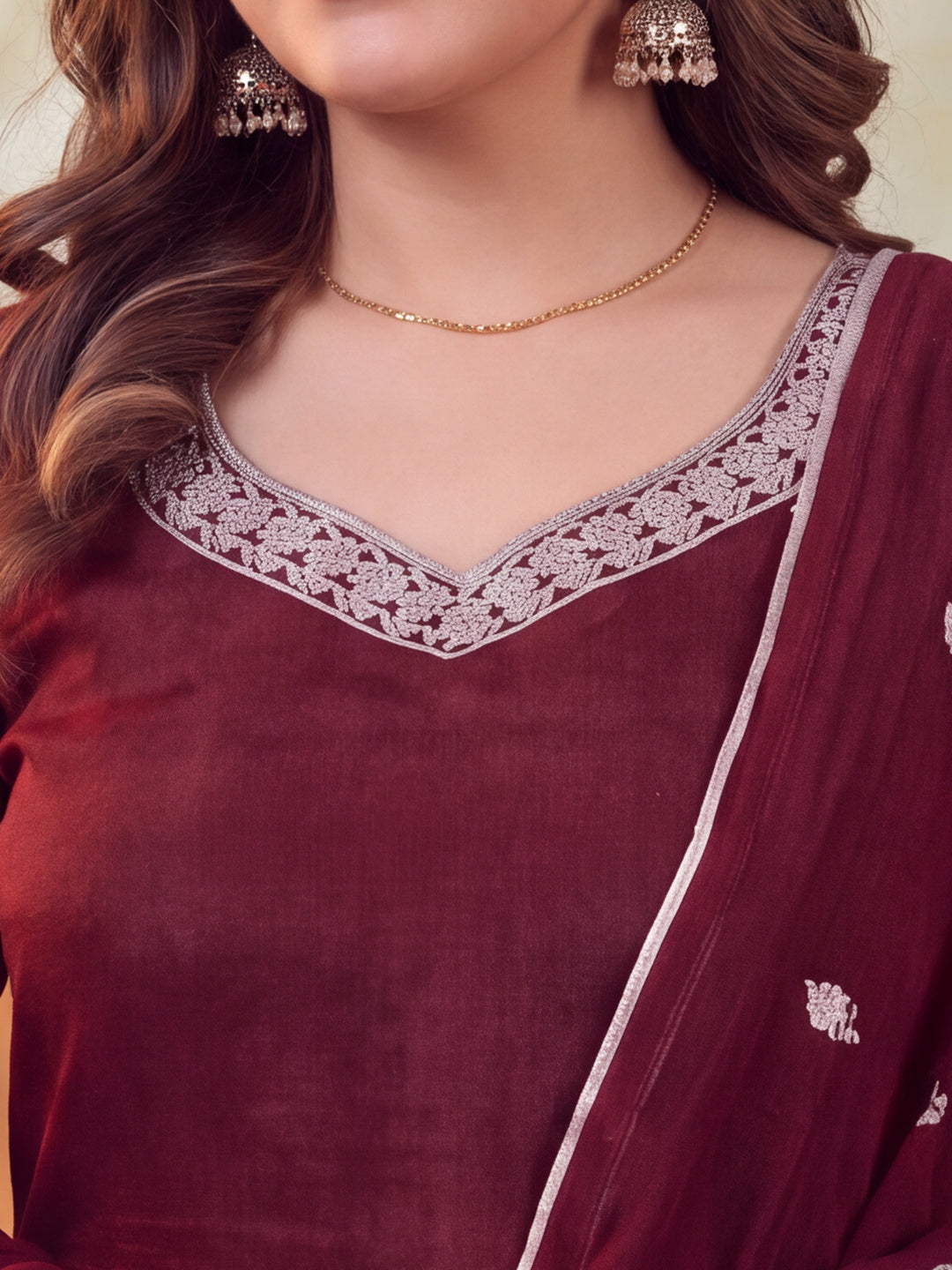Women Embroidered Maroon Straight Kurta Set with Dupatta