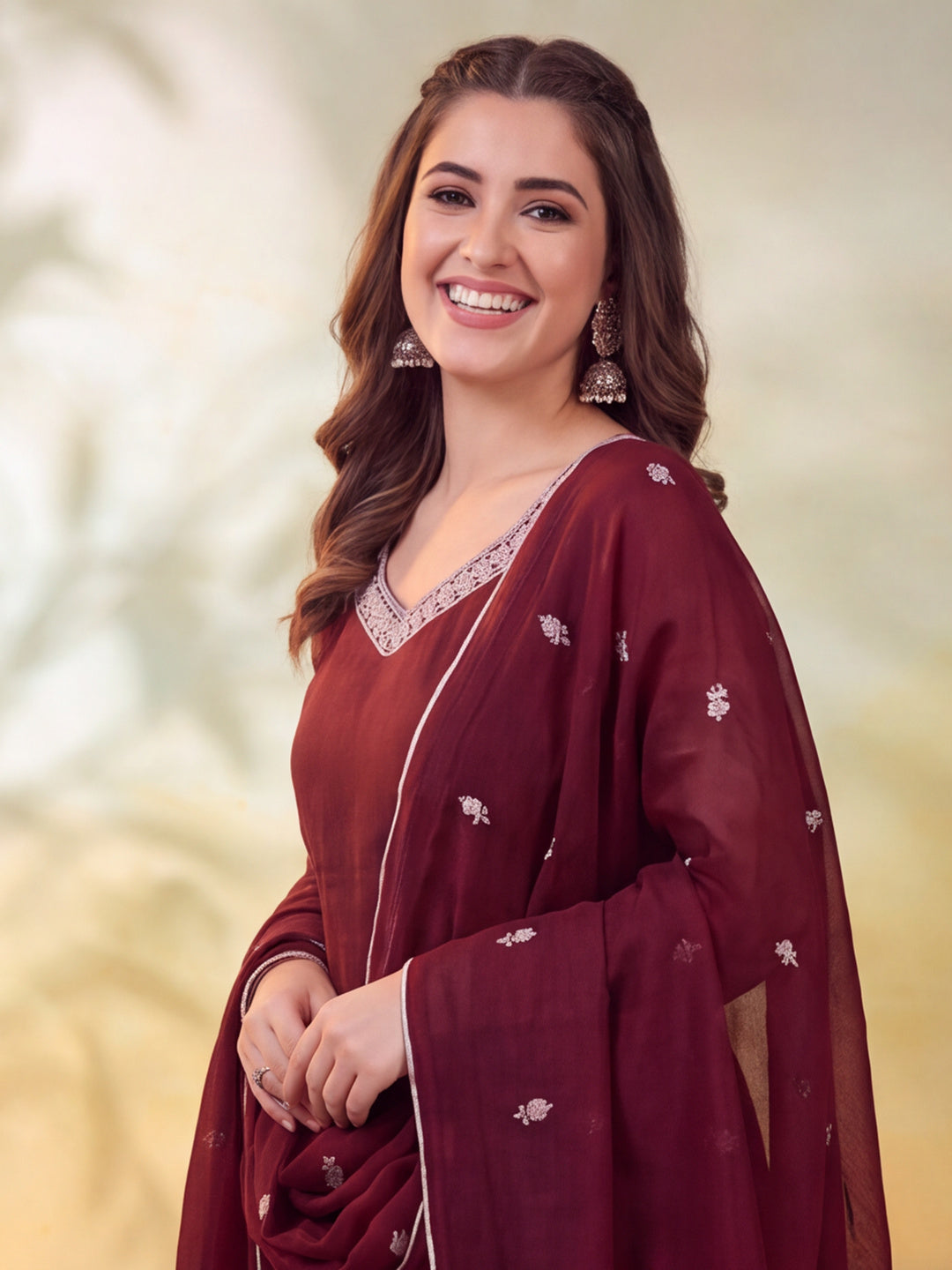 Women Embroidered Maroon Straight Kurta Set with Dupatta