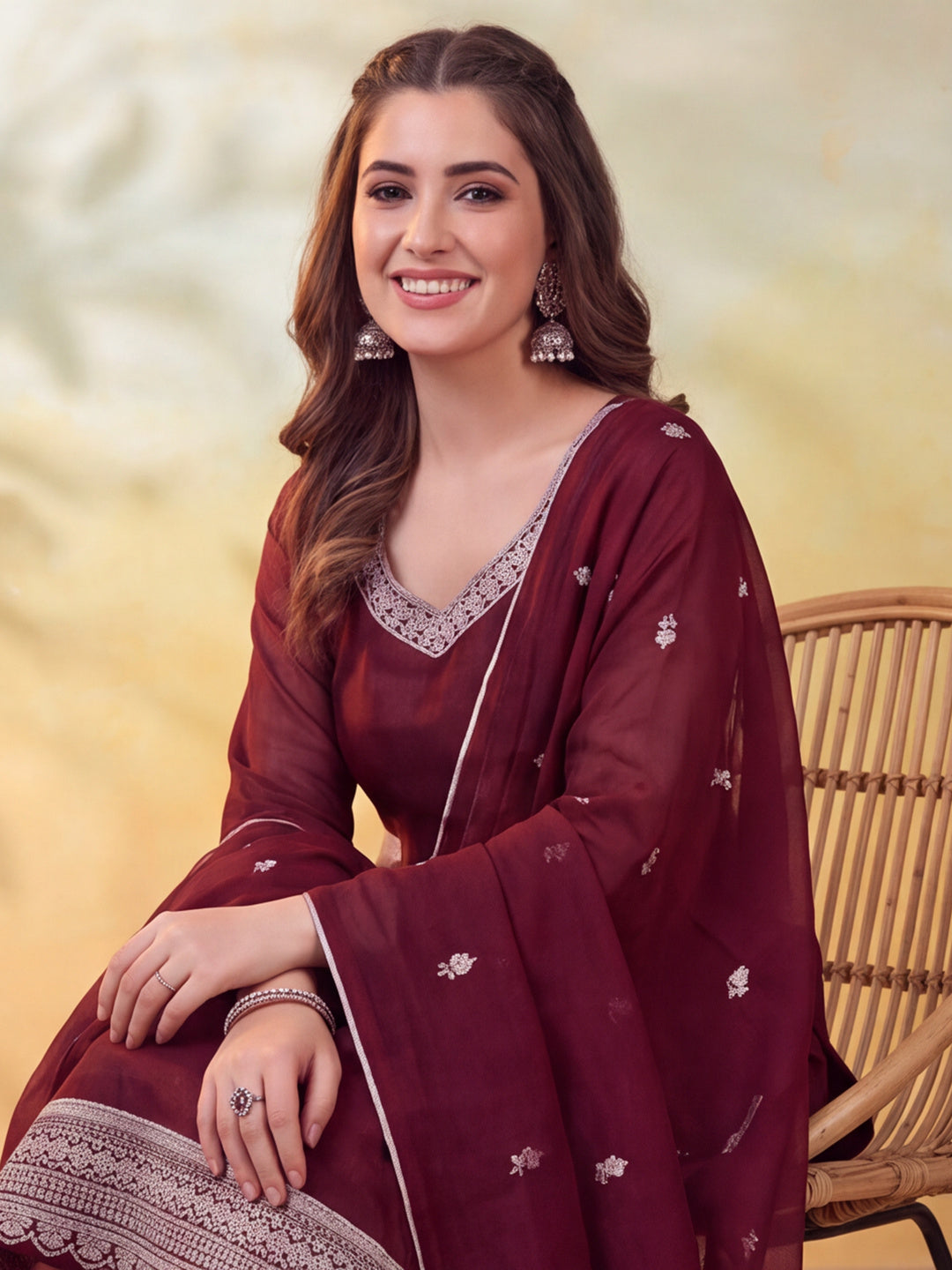 Women Embroidered Maroon Straight Kurta Set with Dupatta